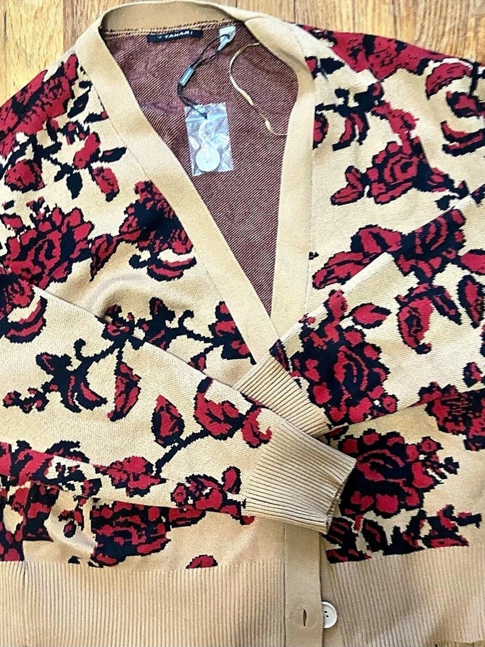 Tahari Floral rose Cardigan in Tan & Red Size XL